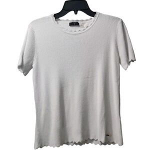Tan Jay Ribbed Knit Top Scalloped Neck Short Sleeve‎ Casual White Small